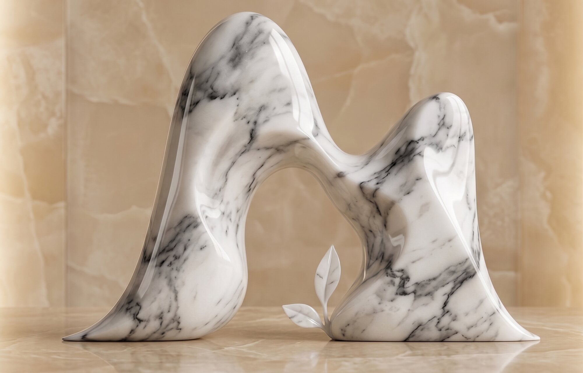 The MOOD form in white Paonazzo marble on a polished onyx surface.