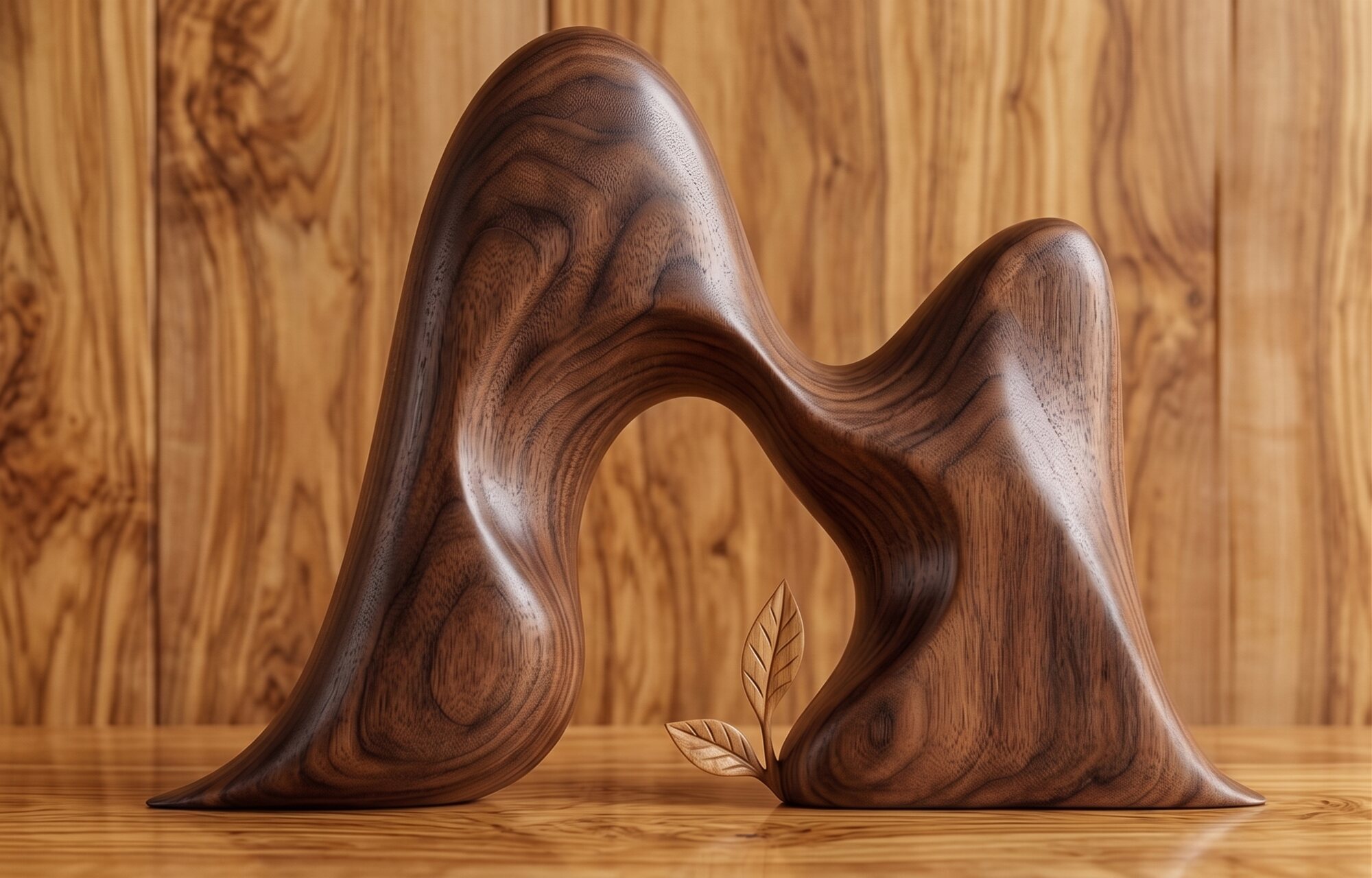 The MOOD form carved in American walnut, standing against a figured olive-wood wall.